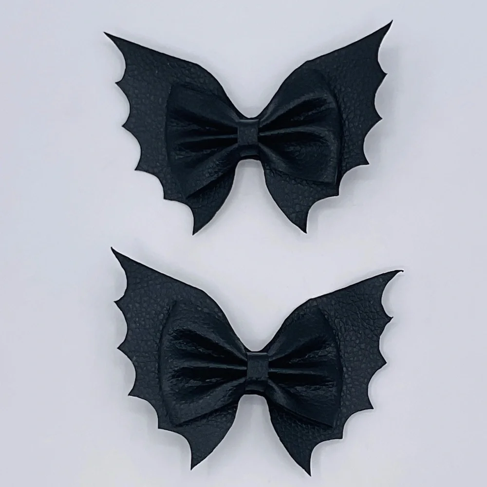 Halloween Bow Barrettes Set of 2 Bats Faux Leather Clip Costume Cosplay Party 4”